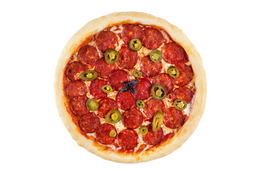 Pepperoni pizza on a white background. View from above.