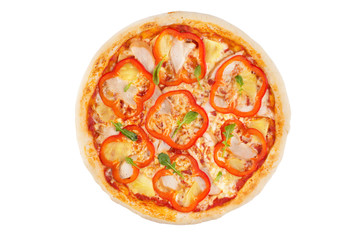 Hawaiian pizza with chicken and pineapples on a white background. View from above.