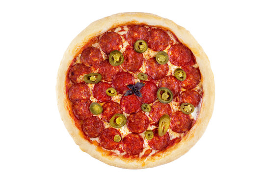 Pepperoni pizza on a white background. View from above.