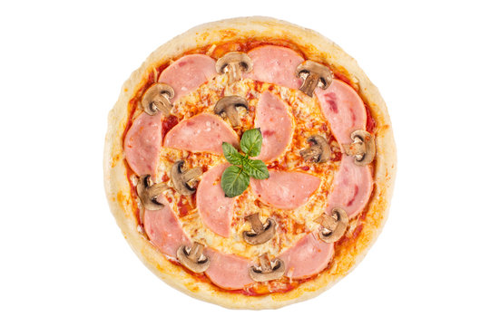 Pizza with ham and mushrooms on a white background. View from above.