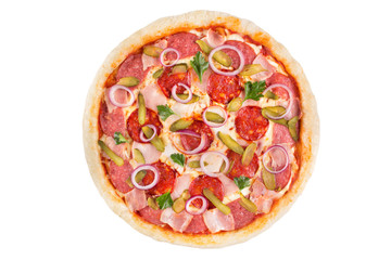 Assorted meat pizza on a white background. View from above.
