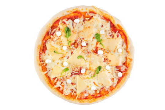 Cheese assorted pizza on a white background. View from above.