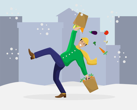 images Slipping On Ice Drawing https stock adobe com images vector flat illustration with a slipped man with shopping on ice winter season 225696985 start checkout 1 content id 225696985