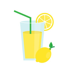 Lemon juice in a glass. Fresh juice icon. Flat design. Vector illustration