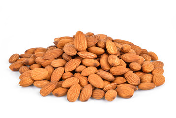 Pile of almonds on the white background