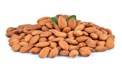 Pile of almonds on the white background