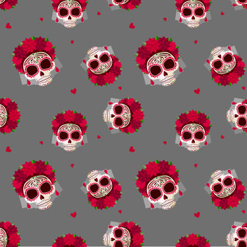 Sugar skull pattern with a wreath of red flowers and hearts