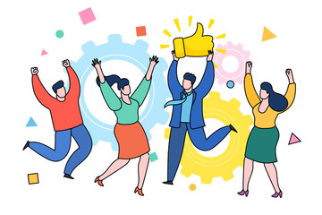 Concept of likes and positive feedback. Happy man with prize Thumbs up sign.