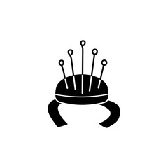 Black & white vector illustration of pin cushion. Flat icon of quilting instrument. Patchwork & sewing tools. Needlework accessories. Isolated on white background.