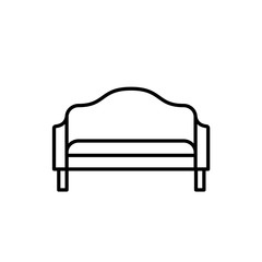 Black & white vector illustration of retro sofa. Line icon of settee. Vintage home & office furniture. Isolated on white background
