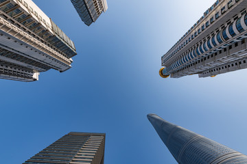 Fototapeta na wymiar Worm's-eye view of Skyscrapers in Shanghai, China