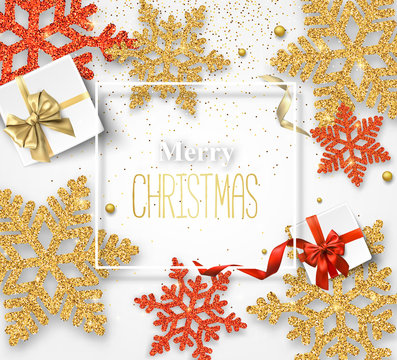 Merry Christmas card with beautiful snowflakes and gifts.
