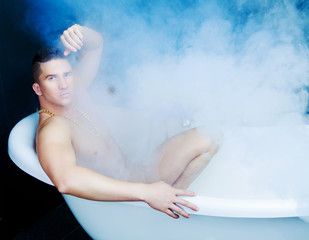  man taking a bath with foam