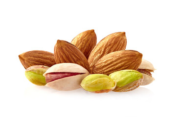Almond with phistachios. Almond nuts isolated. Phistachios isolated.
