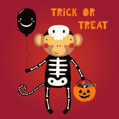 Hand drawn vector illustration of a cute funny monkey in a skeleton costume, with text Trick or treat. Isolated objects. Scandinavian style flat design. Concept for children print, party invitation.