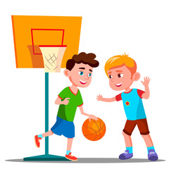 Two Boys Playing Basketball On The Playground Together Vector. Summer Activity. Isolated Illustration
