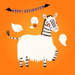 Hand drawn vector illustration of a cute funny zebra in a ghost costume, with text Happy Halloween. Isolated objects. Scandinavian style flat design. Concept for children print, party invitation.