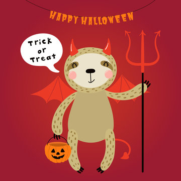 Hand drawn vector illustration of a cute funny sloth in a devil costume, with text Happy Halloween. Isolated objects. Scandinavian style flat design. Concept for children print, party invitation.