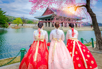 Cherry Blossom with Korean national dress at Gyeongbokgung Palace Seoul,South Korea.