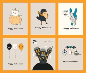  Set of Halloween greeting cards with kawaii funny characters, text, haunted house, ghosts, balloons. Hand drawn vector illustration. Line drawing. Design concept for kids print, party invitation. © Maria Skrigan