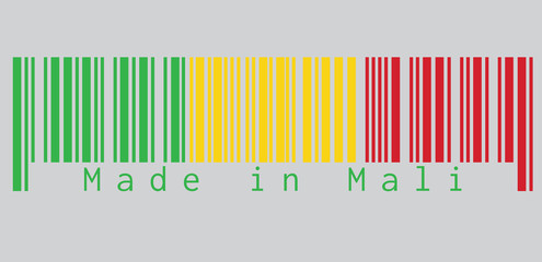 Barcode set the color of Mali flag, A vertical tricolor of green gold and red. text: Made in Mali. concept of sale or business.