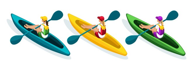 Isometry set of girls in canoe, kayaks, sports clothing, baseball caps, accessories, backpacks, outdoor activities