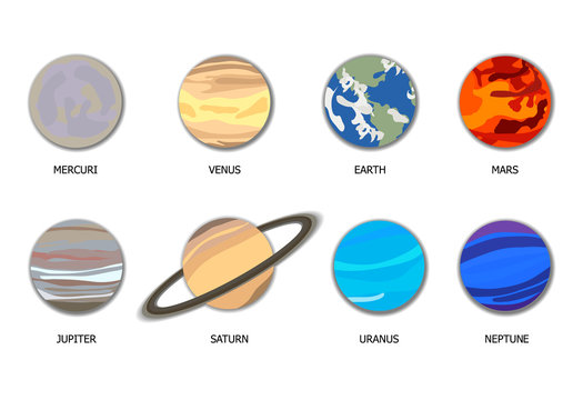 Vector Solar System 8 Planets, Flat Cartoon Objects with Shadows Isolated.