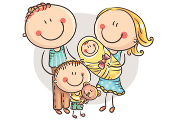 Happy family with two children, cartoon graphics
