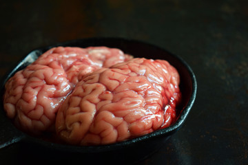Pink brain before cooking on black metal frying pan. Raw meat. Offal