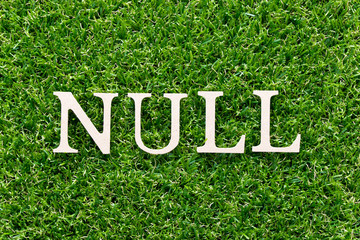 Wood alphabet in word null on artificial green grass background