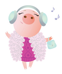 Aries. Zodiac symbol.. A pig in furs listening to music and dancing. Chinese horoscope symbol 2019. Isolated on transparent background. Excellent for the design of postcards, posters, stickers etc.