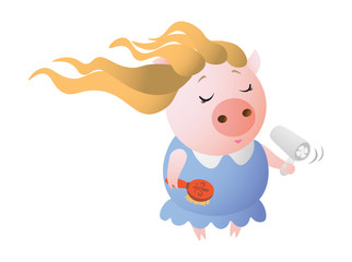 Virgo. Zodiac symbol. Piggy caring for your hair with a hair dryer. Chinese horoscope symbol 2019. Isolated on transparent background. Excellent for the design of postcards, posters, stickers etc.