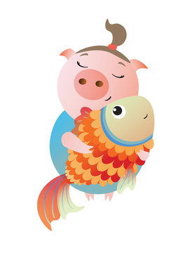 Pisces. Zodiac symbol. Cute pig hugging a goldfish. Chinese horoscope symbol 2019. Isolated on transparent background. Excellent for the design of postcards, posters, stickers etc.