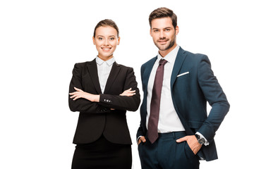 happy young business partners looking at camera isolated on white