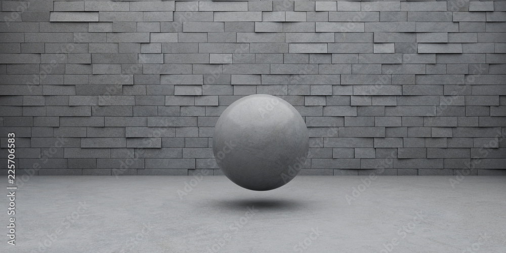 Poster Abstract of concrete sphere floating around the architecture space with the sun light cast shadow on the random rhythm of tilt  block,3D rendering.