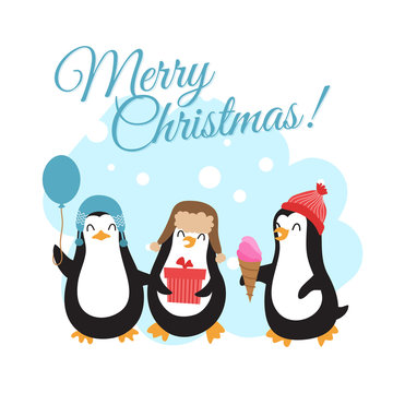 Merry Christmas winter holidays vector greeting card template with cute cartoon penguins illustration