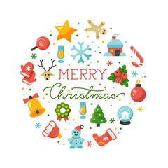 Fototapeta na wymiar Merry Christmas round banner vector template with flat icons isolated on white background illustration