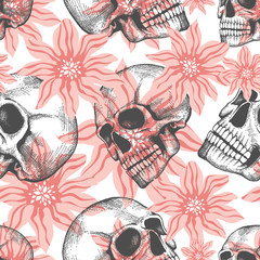 Fashion seamless pattern with hand drawn sculls and flowers background, vector illustration