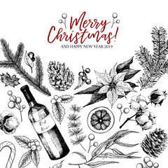 Hand drawn Christmas greeting card. Vector pine branch, fir, eucalyptus, holly, cotton, poinsettia, wine bottle. Xmas and New Year greeting card. Winter seasonal greetings, party, celebration.