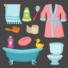 Cartoon bathroom accessories vocabulary vector isolated on transparent background illustration