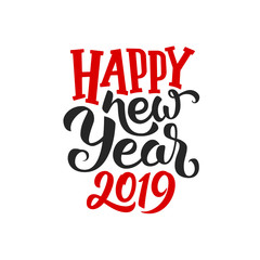 Happy New Year 2019 text isolated on white background. Greeting card design with typography for winter holidays season. Vector illustration