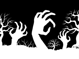 White horror zombi hands and tree silhouettes vector banner design illustration