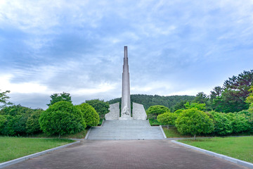 Fototapeta premium The monument of Admiral Yi Sun-Sin at Okpo great vitory commemoative park on Geoje island, Gyeongsangnam-do, South Korea.