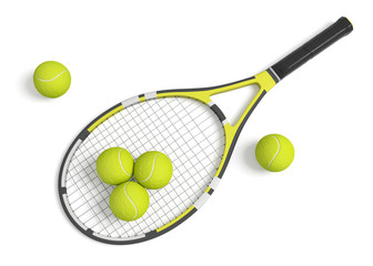 3d rendering a single tennis racquet lying with a yellow balls on white background.