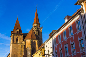Fototapeta premium three towers, the old spire of the Evangelical Church in Ansbach, Bavaria, Germany