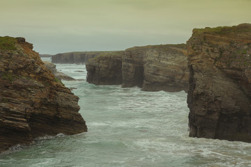 As catedrais Beach (Beach of the Cathedrals), Lugo, Spain, on the Cantabrian Coast, shot during the...