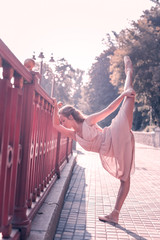 Excellent flexibility. Pleasant young woman touching her leg while doing the exercise © Viacheslav Yakobchuk