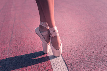 Professional outfit. Close up of ballerines feet in pointe shoes © Viacheslav Yakobchuk