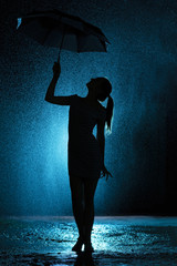 silhouette of the figure of a young girl with an umbrella in the rain, a young woman happy to drops of water