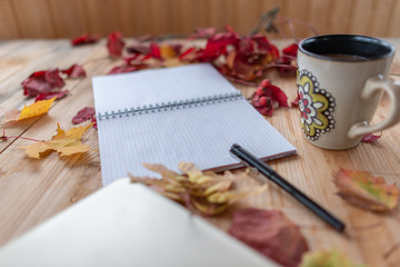 планирование, тетрадь, листва, чашка